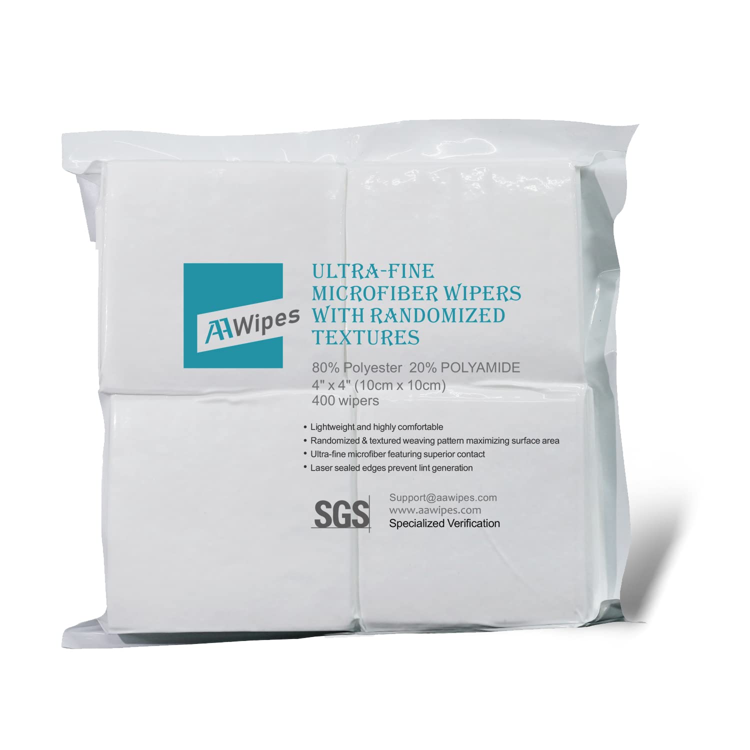AAwipes Cleanroom Microfiber Wipes Mixed Weave Superfine 4" X4“ (400 Counts/Bags, 144F) Lint Free Cloths with Randomized Textures, Ultrasonically Sealed Edges (MFR04)