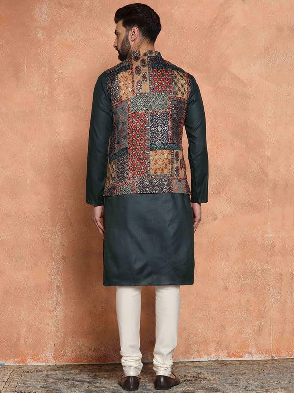 Image of KISAH Men's Ethnic Wear Regular Fit Cotton Blend Printed Kurta Churidar and Jacket Set