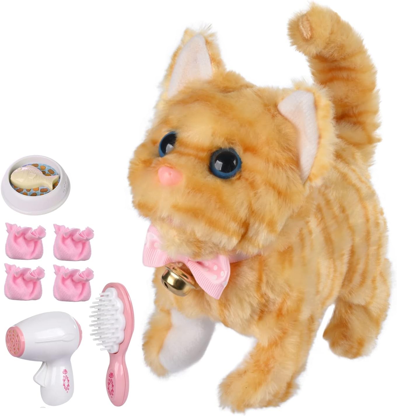 Electronic Plush Interactive Cats for Kids That Move and Meow Waliking Lifelike Interactive Toy pet Stuffed Kitten for Girls Kids (Yellow Stripes)