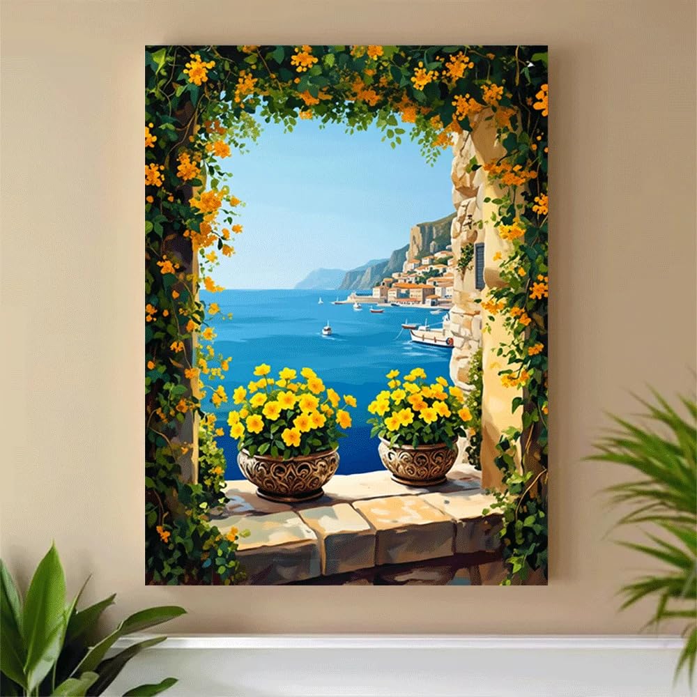 GKUVBF Affiche sur toile avec vue sur la mer Méditerranée, motif floral, idéale pour un salon moderne et estival (60 x 80 cm/cadre intérieur).