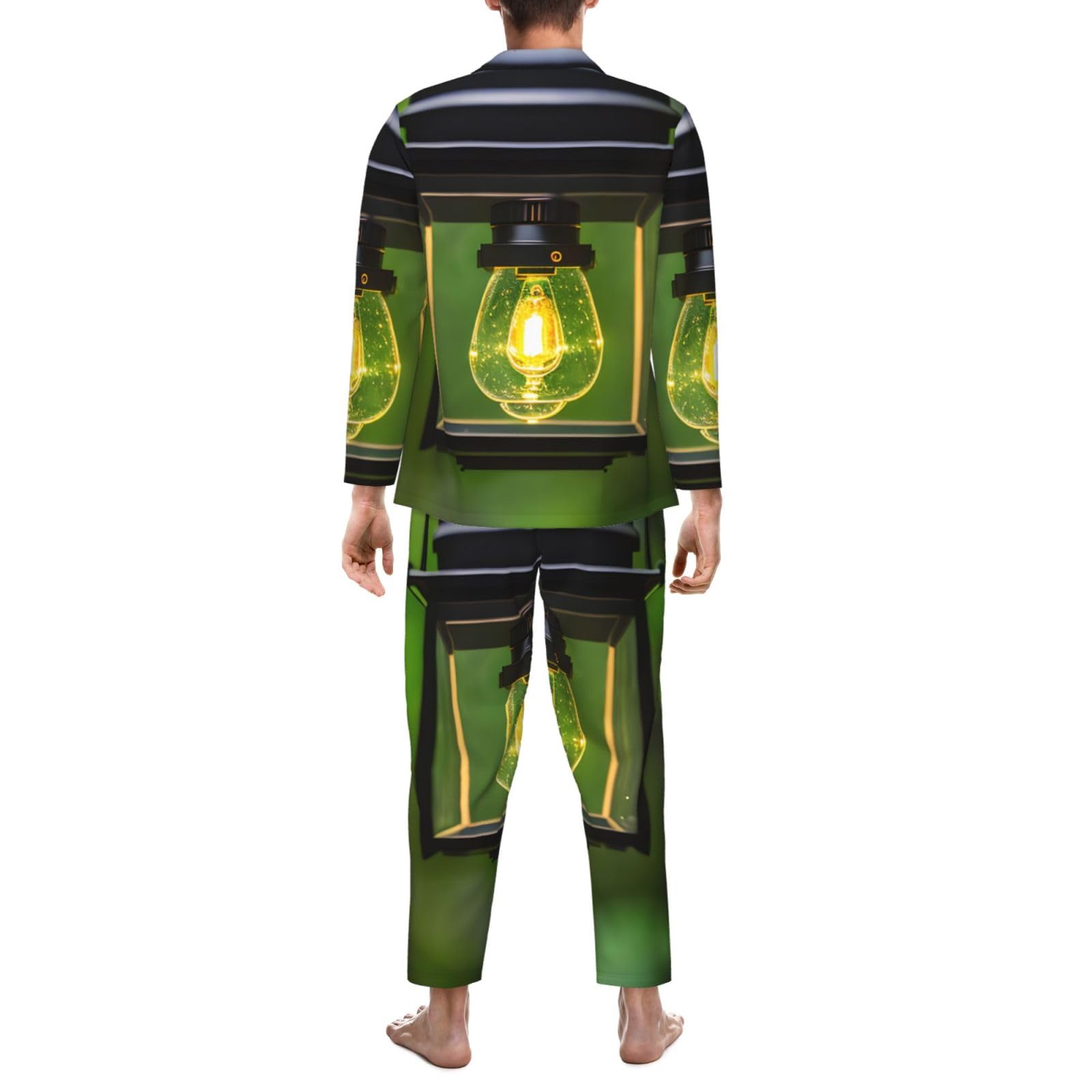 Herren-Pyjama-Set mit Glühwürmchen-und Laternen-Druck, langärmelig, zweiteilig, Hauskleidung, bequeme Nachtwäsche