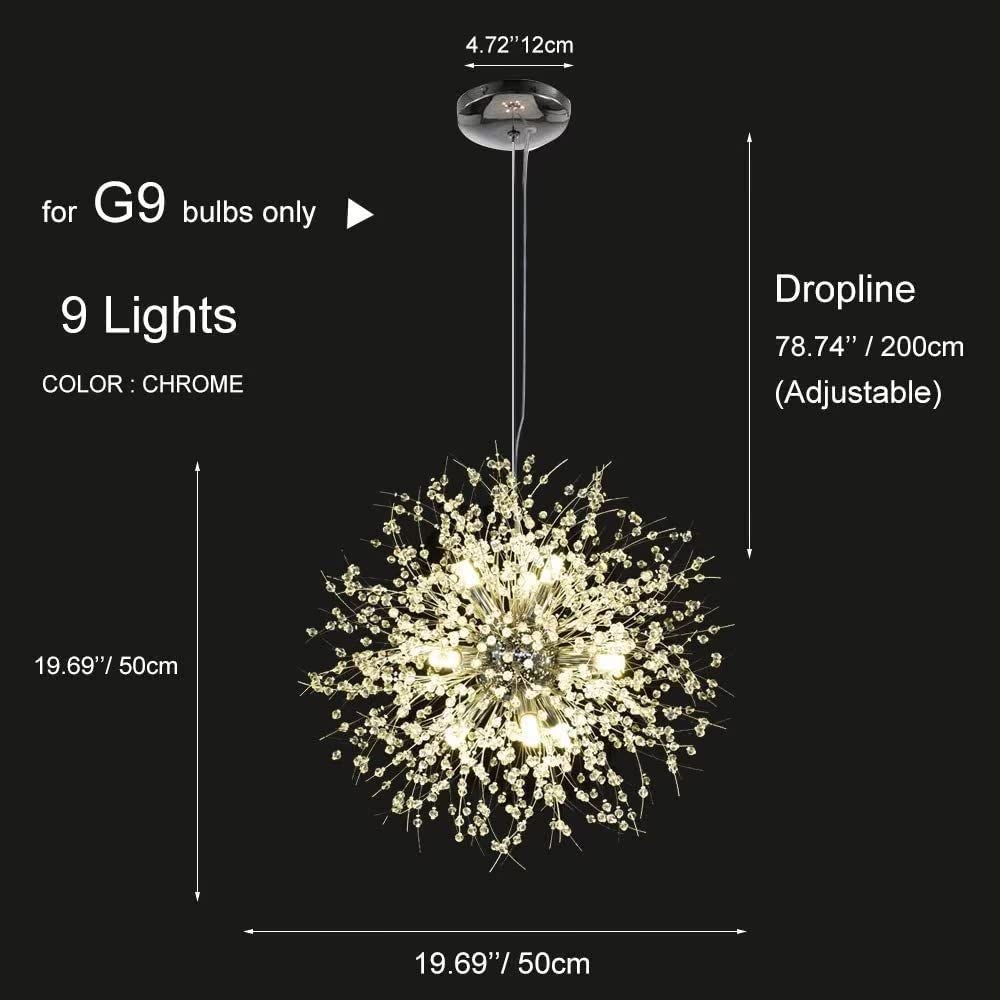 Lampadario di cristallo, dente di leone d'argento, lampadario a 9 luci con fuoco d'artificio per soggiorno, sala da pranzo, isola della cucina, lampadina G9 inclusa