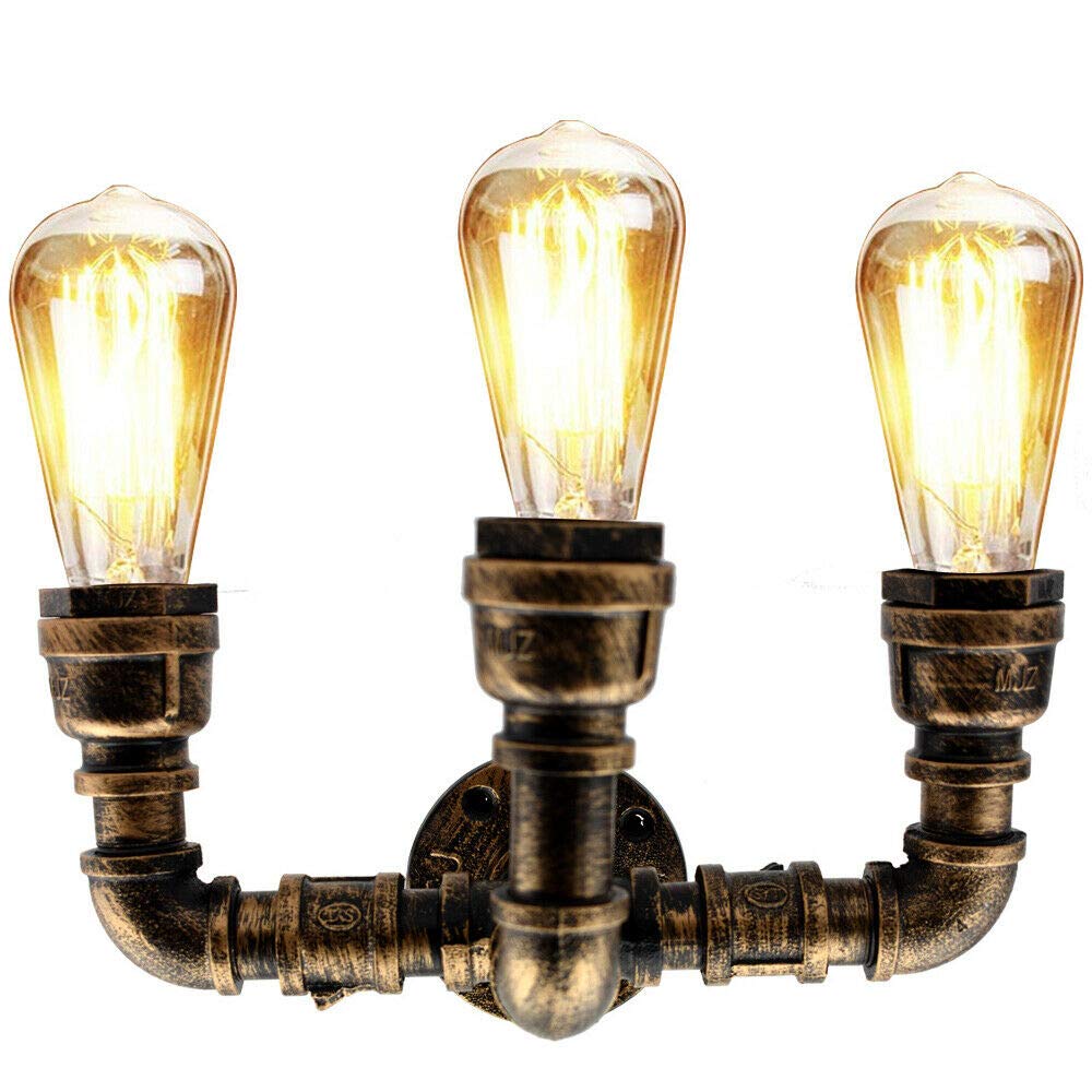 DC VOLTAGE Vintage Water Pipe 3 Way Wall Light Fixtures Creative Metal Steampunk Pipe- E27 Socket Retro Wall Lamp for Loft, Cafe, Restaurant
