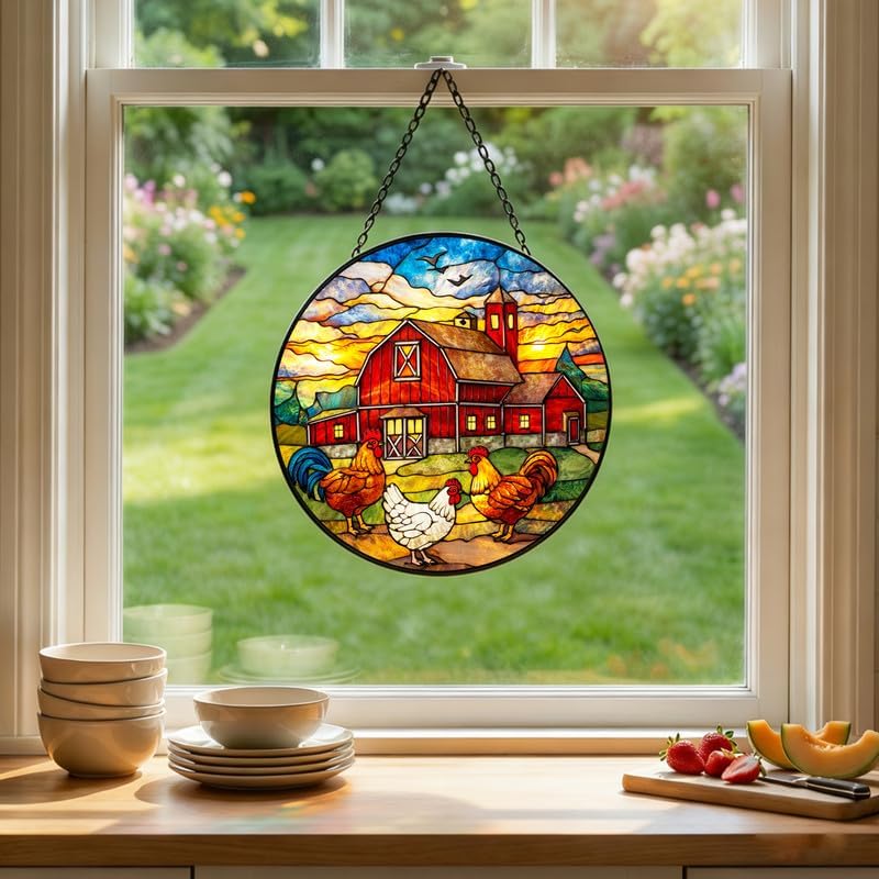 Stained Glass Window Hanging Suncatcher 11.8 in Farm Rooster and Chicken Barn Scene Colorful Glass Panel Sun Catcher for Window,Window Hanging Decor for Home,Housewarming Gift