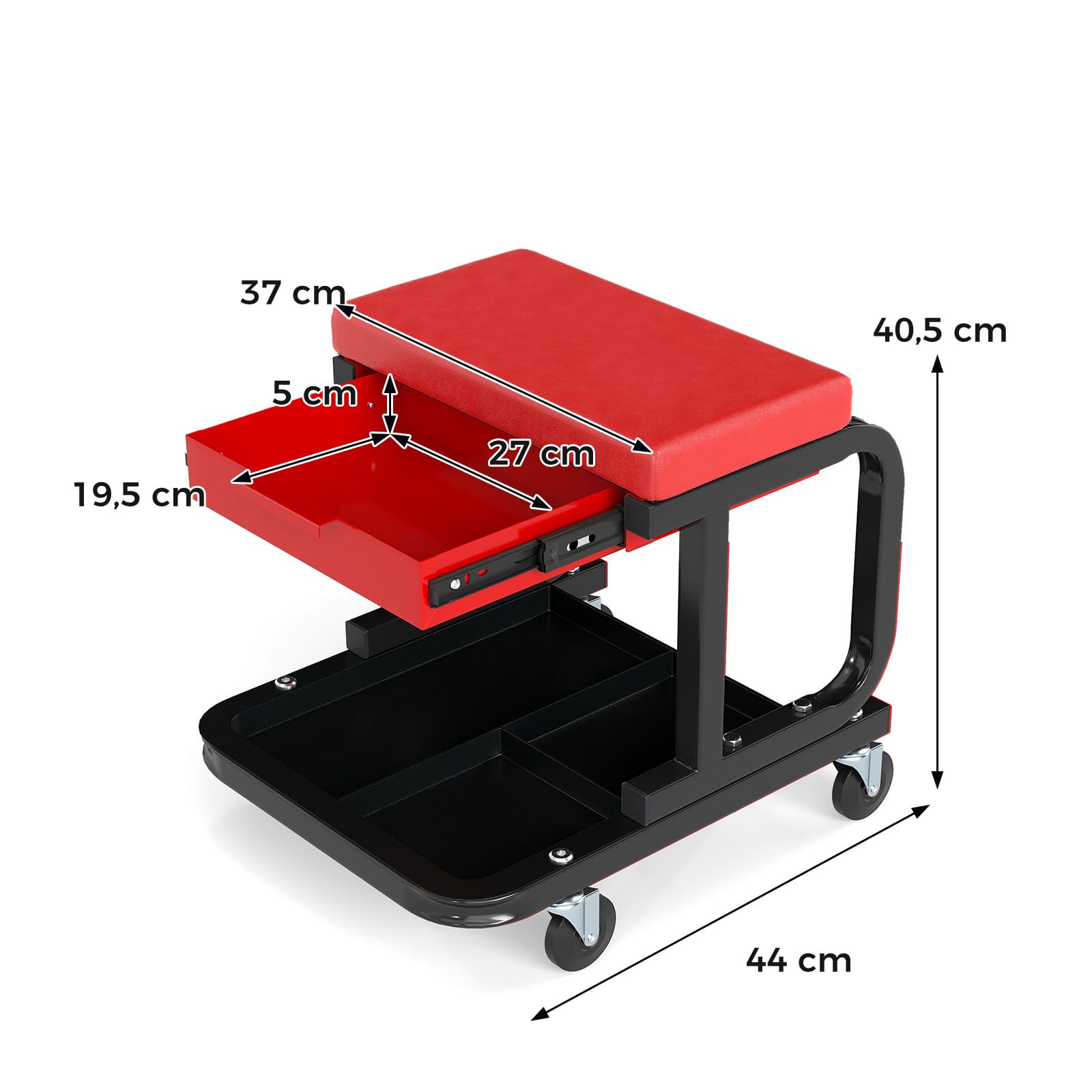 GYMAX Rollender Werkstatthocker, mobiler Rollhocker mit ausziehbarer Schublade, Werkzeugablage & gepolsterter Sitz, Tragfähigkeit von 185 kg, Werkzeugwagen für Garage, Gartenarbei (Rot)