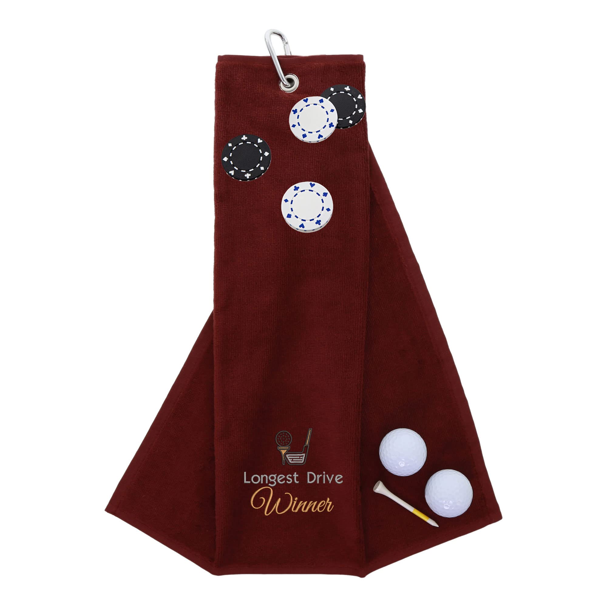 aztex Funny Trifold Golf Towel and Poker Chip Marker Set Gift for Men, Carabiner Clip for Golf Bags, Longest Drive, Wine
