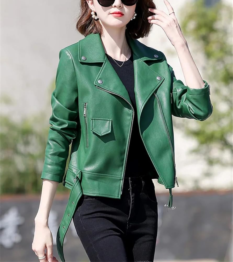 Dbdkejj Women Turn-Down Collar Zipper Leather Jacket Spring Autumn