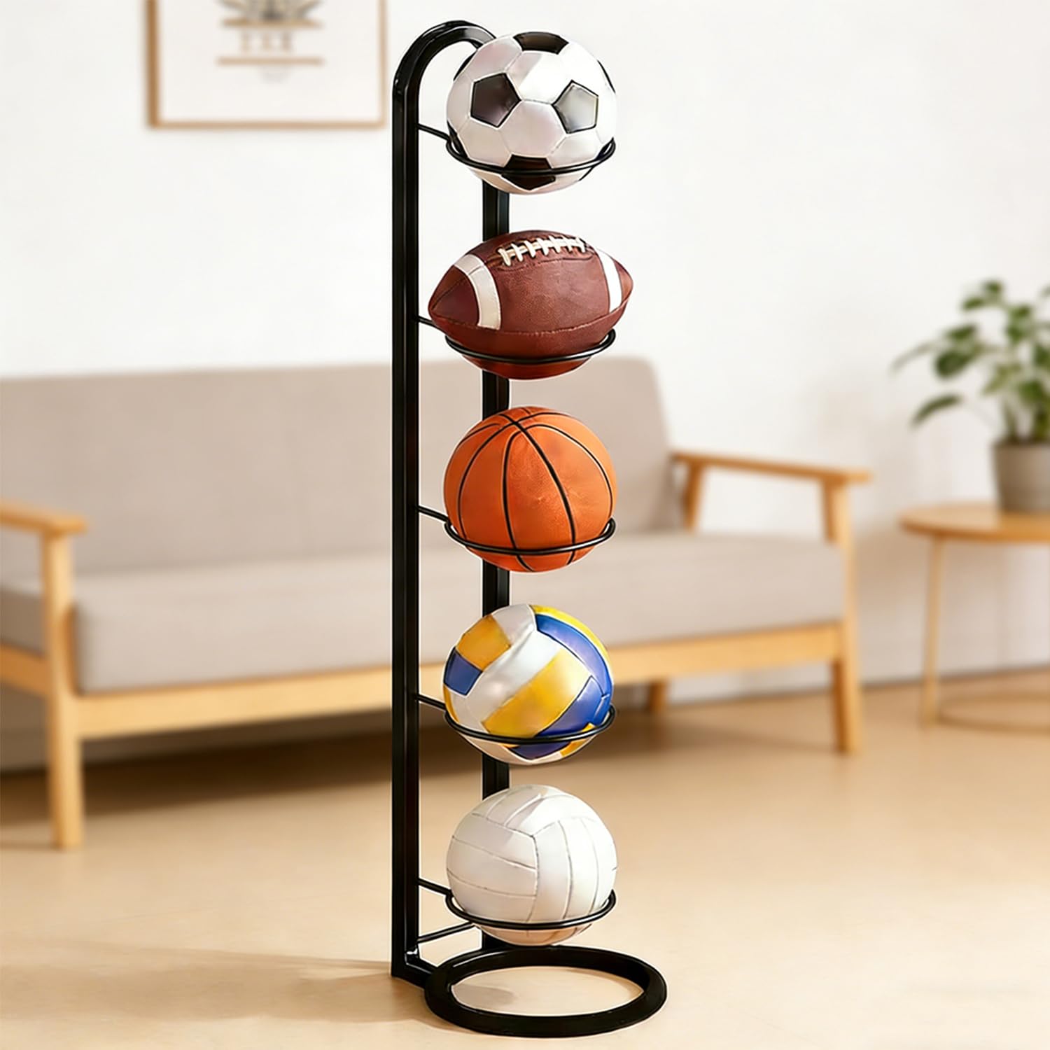 Support mural pour ballon de football à 5 niveaux, amovible, support vertical pour balles, organisateur d'équipements de sport pour ballons, support mural pour basket-ball, football, volley-ball et - 2