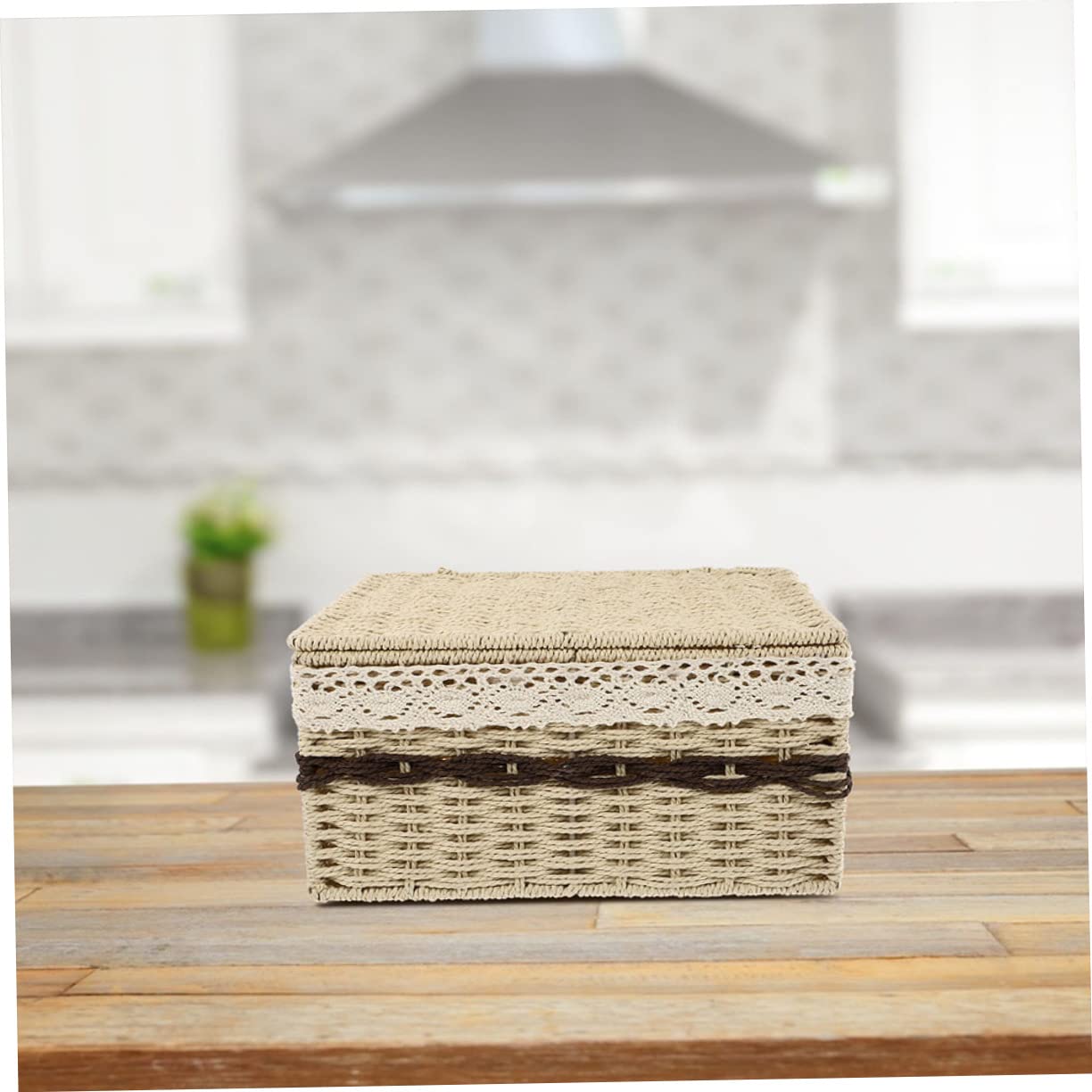 Cestino Rettangolare Intrecciato Portaoggetti Per Cosmetici Coperchio Grande Beige, Organizzatore Da Scrivania Per Oggetti e Decorazioni Casa, Per Soggiorno e Ufficio