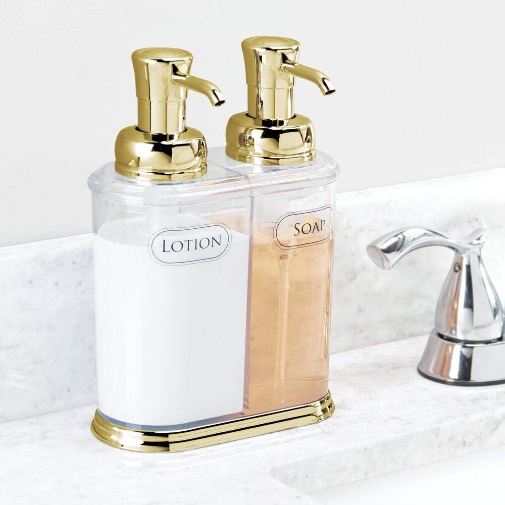 mDesign Double Liquid Hand Soap Dispenser Pump Bottle for Kitchen, Bathroom | Also Can be Used for Hand Lotion & Essential Oils - Clear/Soft Brass
