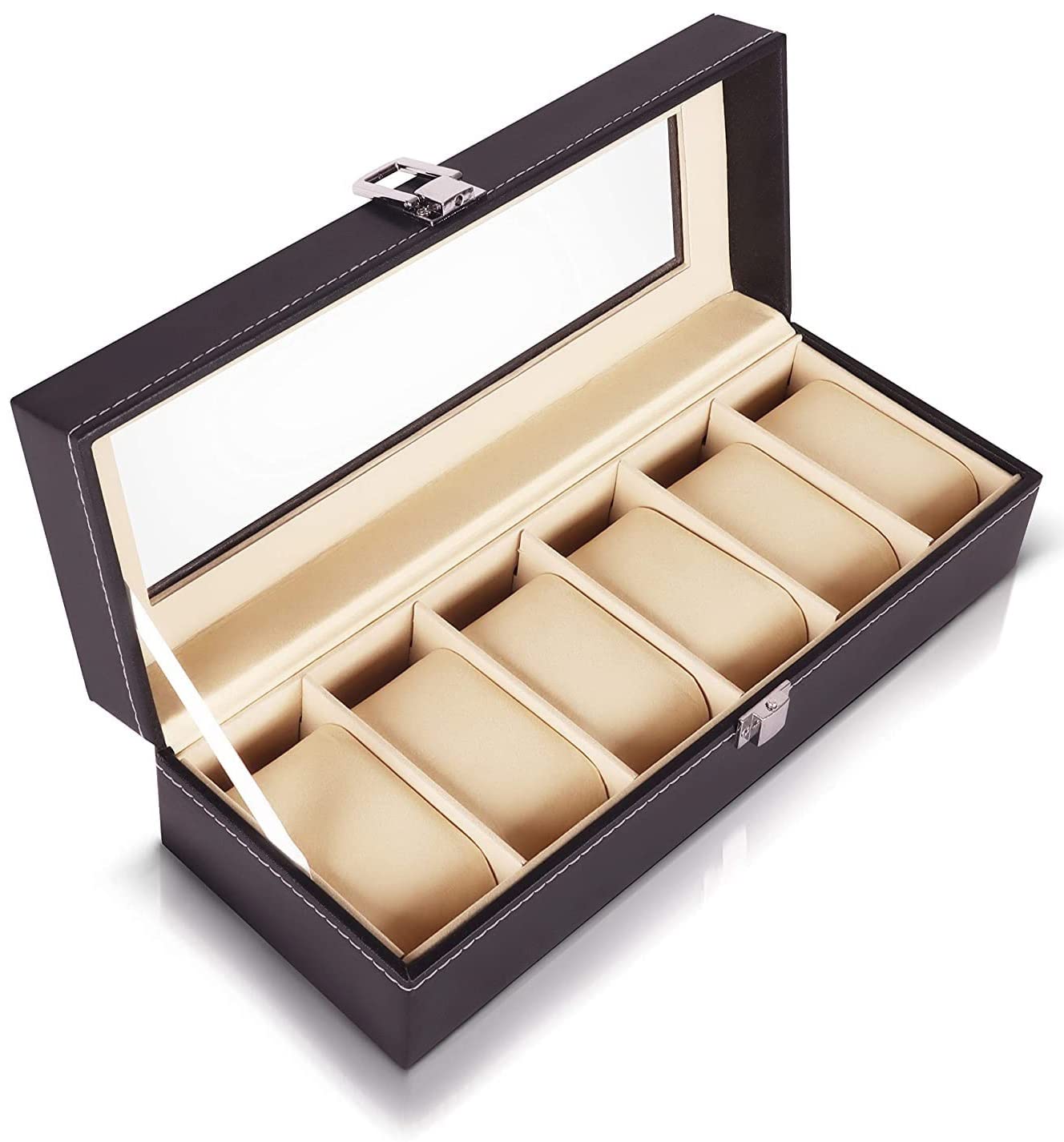 Luxula 6 Slot Leather Watch Storage Box Holder Display Case Organizer with Transparent Glass Case for Men and Women (Black)