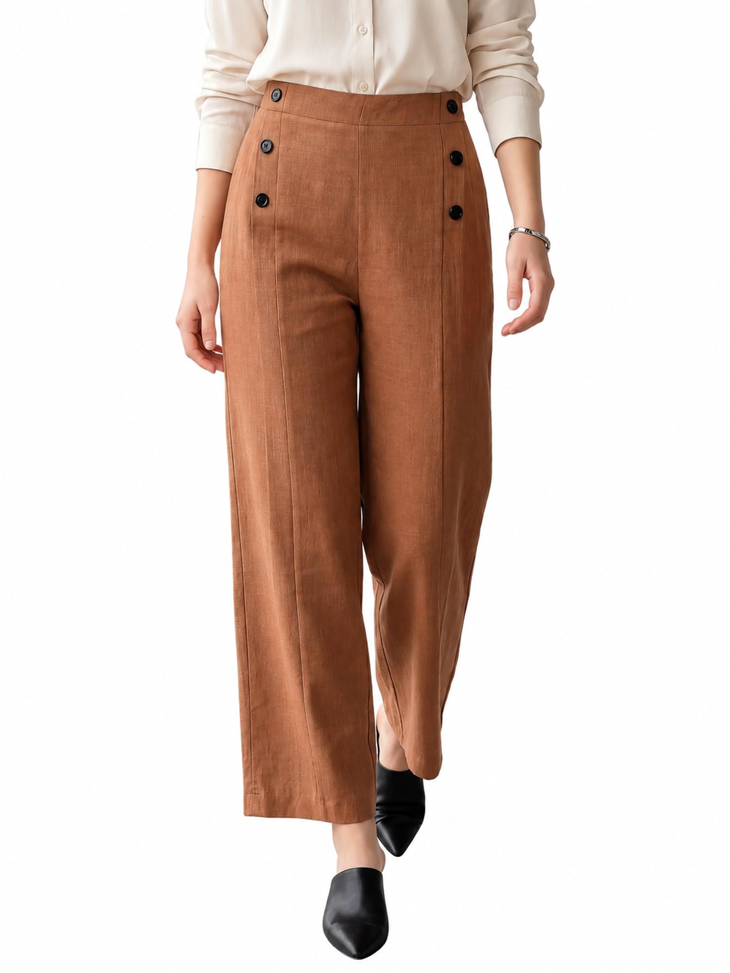 Women's Loose Fit Below Knee Pleated High Rise Solid Regular Trouser-image-0
