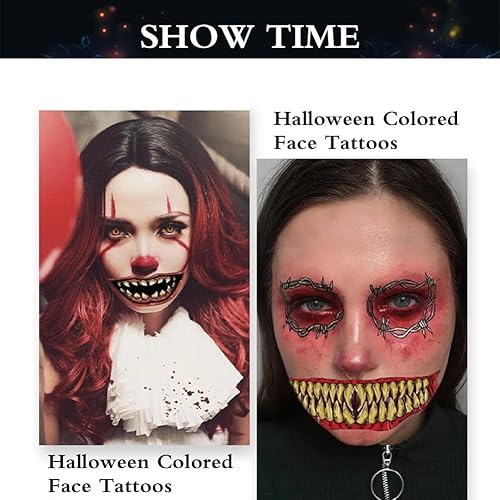 Miniatura 5 de 10 hojas de tatuajes temporales de Halloween, boca de terror, tatuajes de larga duración, tatuajes falsos de cara aterradora con diferentes estilos