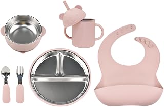 Stainless Steel Baby Feeding Set (6-Piece) – Suction Plate & Bowl, Straw Cup, Spoon, Fork & Bib – Non-Toxic, BPA-Free, Durable Set for Starting Solids, Essentials for Babies & Toddlers (Pink)