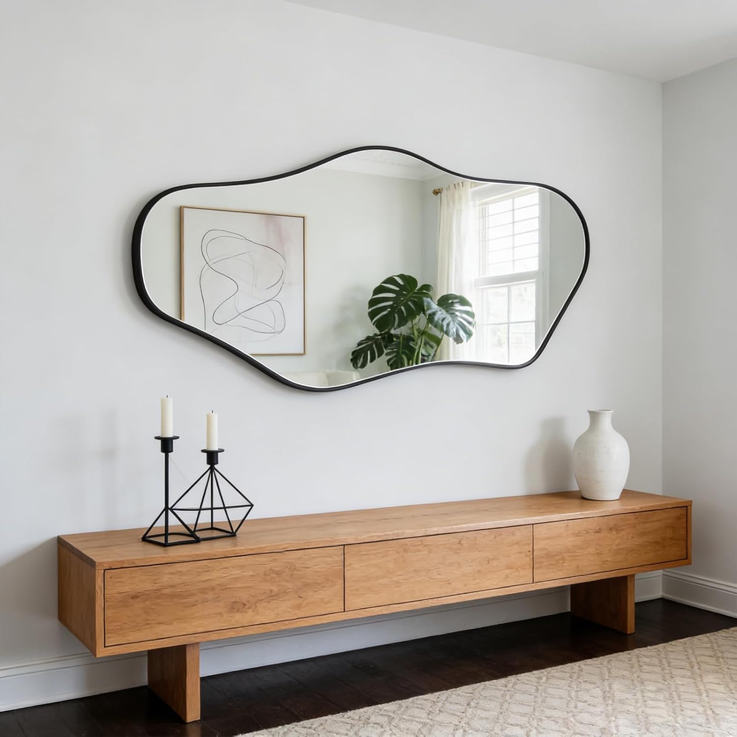 irregular mirror full length, 63"x29" large asymmetrical wall mirror for dressing, modern black metal frame abstract wall mirrors for living room bathroom bedroom hallway entryway black 63"l x 29"w