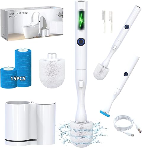 Miniatura 7 de Hillyfe - Juego de escobilla de inodoro eléctrica y soporte, cepillo de inodoro motorizado con 15 cabezales de repuesto desechables, cepillo de