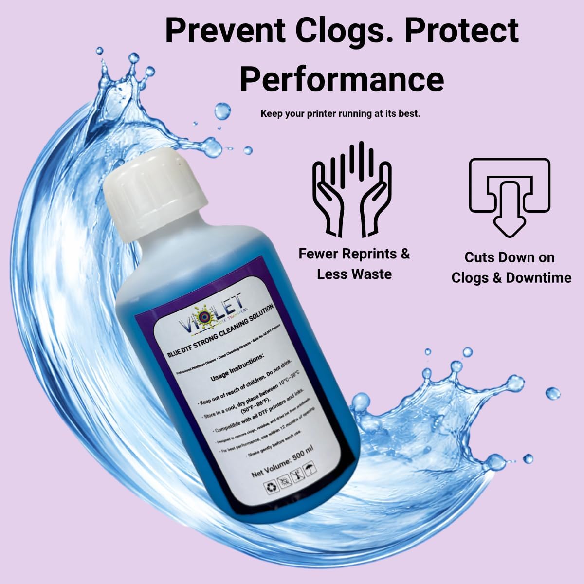 Violet Blue Strong DTF Printhead Cleaning Solution 500ML– Deep Cleaning & Recovery Formula for DTF Printers – Dissolves Dried Ink, Clears Clogged Nozzles, Restores Ink Flow & Print Quality