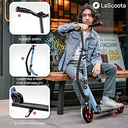 LaScoota Kick Scooter for Adults & Teens. Perfect for Youth 12 Years and Up and Men & Women. Lightweight Foldable Adult Scooter with Large 8” Wheels 220lbs (Regular (Teen), Fusion Blue)