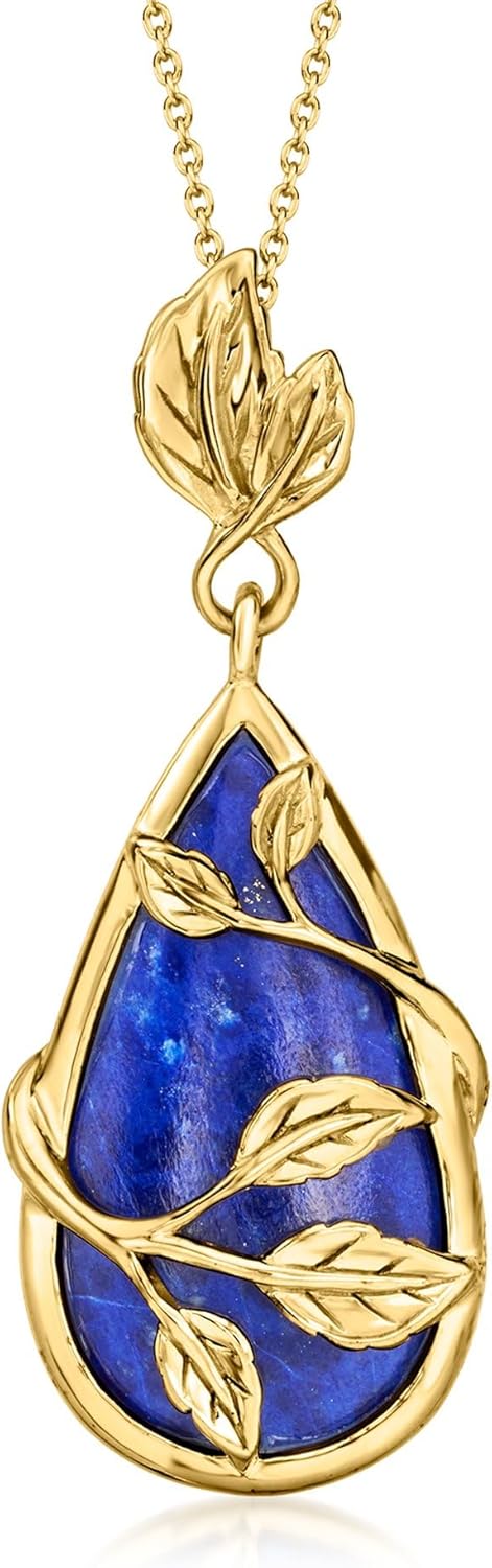 Ross-Simons Lapis Leaf Pendant Necklace in 18kt Gold Over Sterling. 18 inches