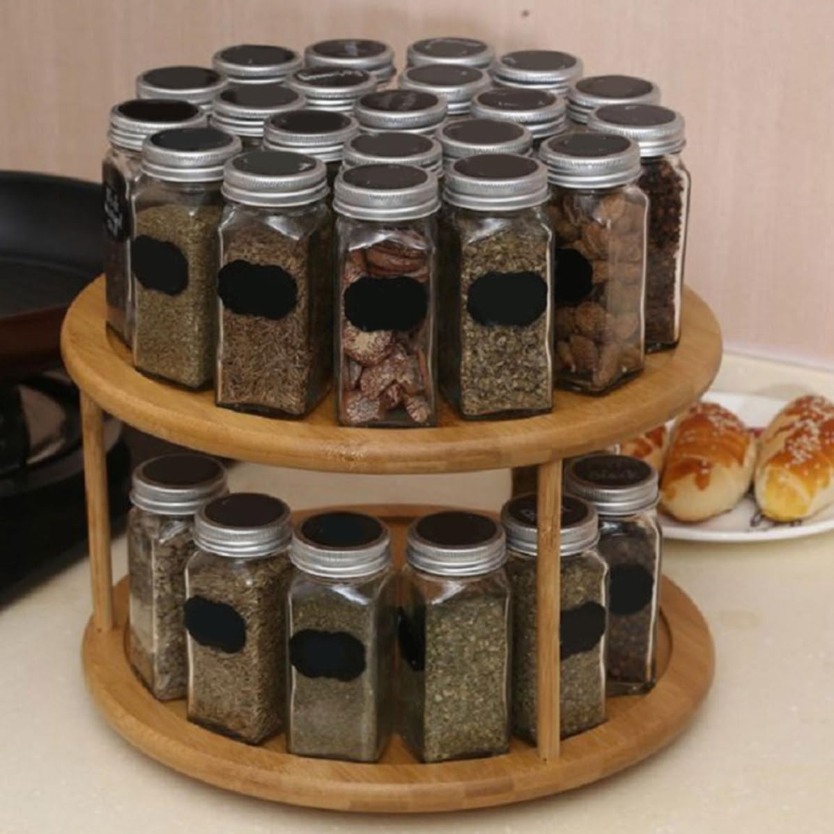 POPETPOP Scaffale da Cucina in Bambù a Doppio Strato, Porta Spezie Rotante Grande Capacità e Superficie Liscia senza Sbavature per Organizzazione da Scrivania