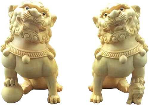 xiledu Feng Shui - Par de estatuas de perros Fu Foo, adornos de estatua de Kylin de madera maciza, protección de energía malvada, estatua de