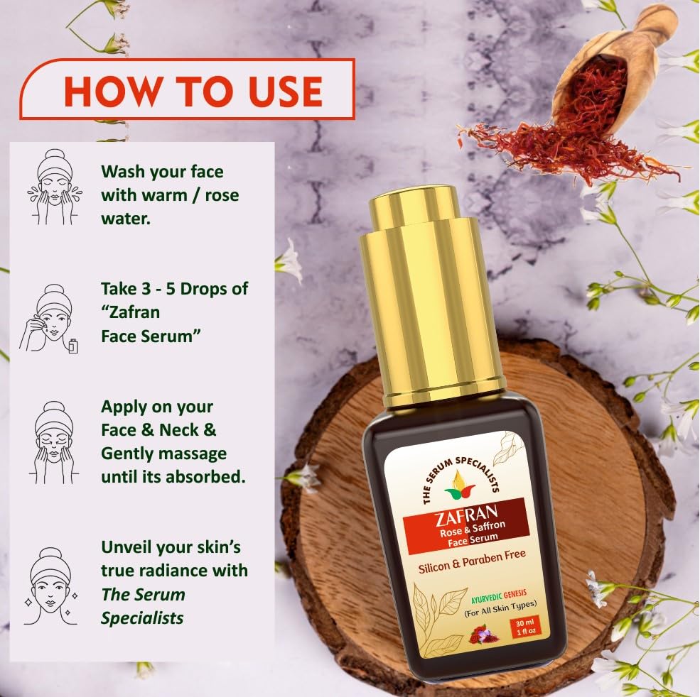 Image of Zafran Face Serum - Brightening & Complexion Enhancing | Secret of Beauty | All Skin Types | Premium Formulation | 100% Pure from Himalayas - 30ml