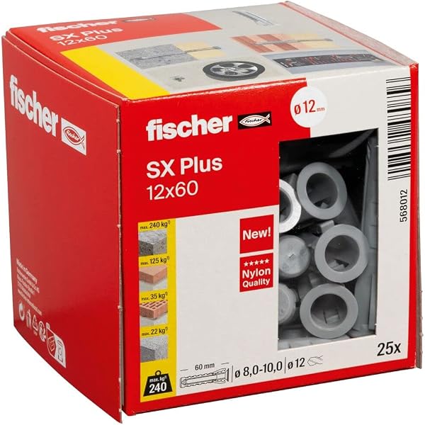fischer 568012 - Taco de expansión SX Plus 12x60 mm, caja con 25 anclajes de nylon, anclajes para una sujeción óptima al fijar en hormigón, ladrillo macizo, ladrillo (Caja 25 unidades) - 1