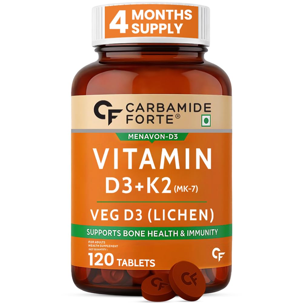 Carbamide Forte Vitamin D3 K2 MK7 | Plant Based Veg Vitamin D3 Supplement Lichen Source with Vitamin K2 MK7 Menaquinone - 120 Veg Tablets