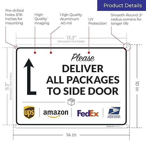 Vista 61 de Cartel de entrega del paquete, letrero de instrucciones de entrega, 10 x 7 pulgadas, aluminio 040 libre de óxido, resistente a la decoloración
