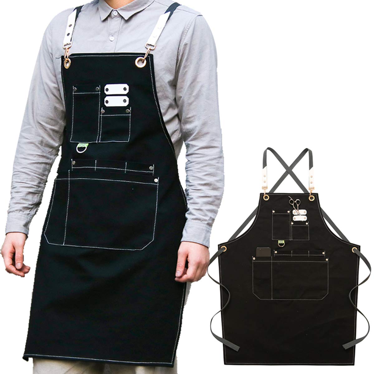 Katoenen denim schort met zakken - Schort voor haarstylist, chef-kok, ambachtsman en barista, gekruiste bandjes en verstelbaar, Schorten voor dames heren,Black
