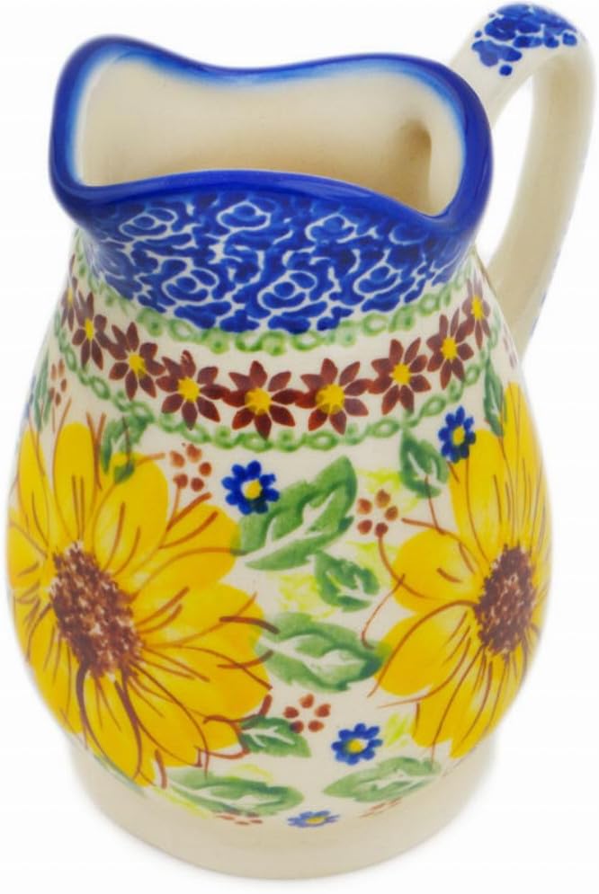 Polmedia Polish Pottery Creamer UNIKAT - Sunflower Yellow Petal Bliss Pattern Handmade in Boleslawiec Poland by Ceramika Bona + Certificate of Authenticity
