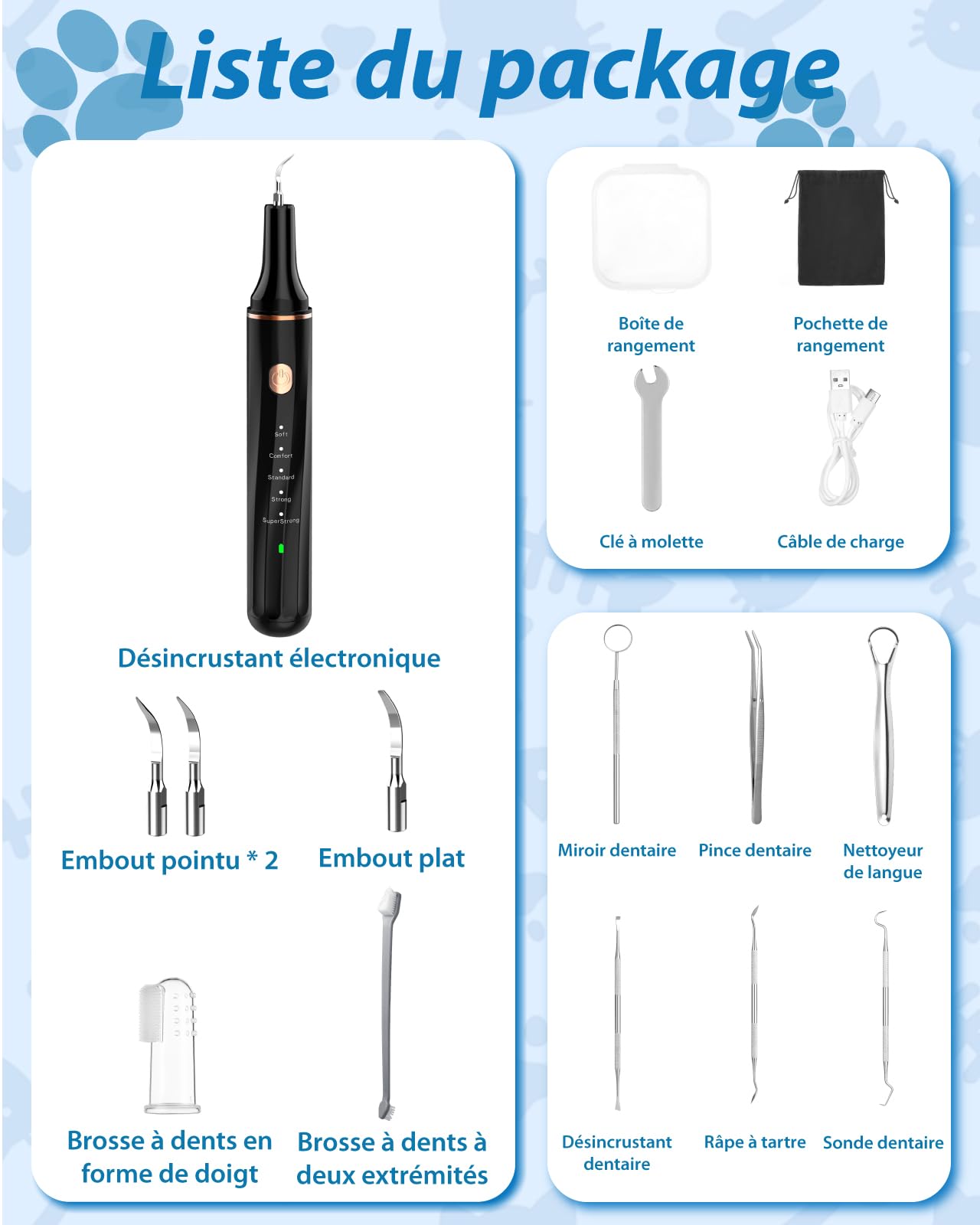 Kit de Nettoyage Tartre Dentaire à Ultrasons pour Chien et Chat, Detartreur Brosses à Ultrasonique Dents Détachant Nettoyeur, 5 Modes de Nettoyage et 4 Têtes de Nettoyage pour Pet Animaux de Compagnie