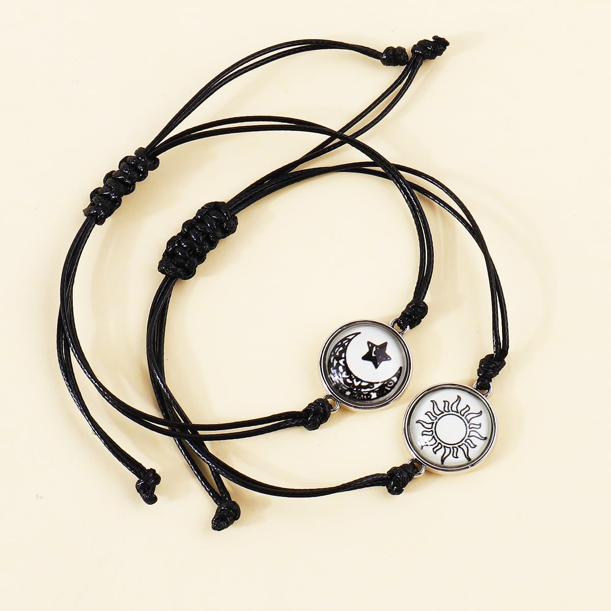 2Pcs Glow in the Dark Couple Bracelets Set - Sun Moon Lovers Matching Night Light Beaded Handmade Rope Bracelet