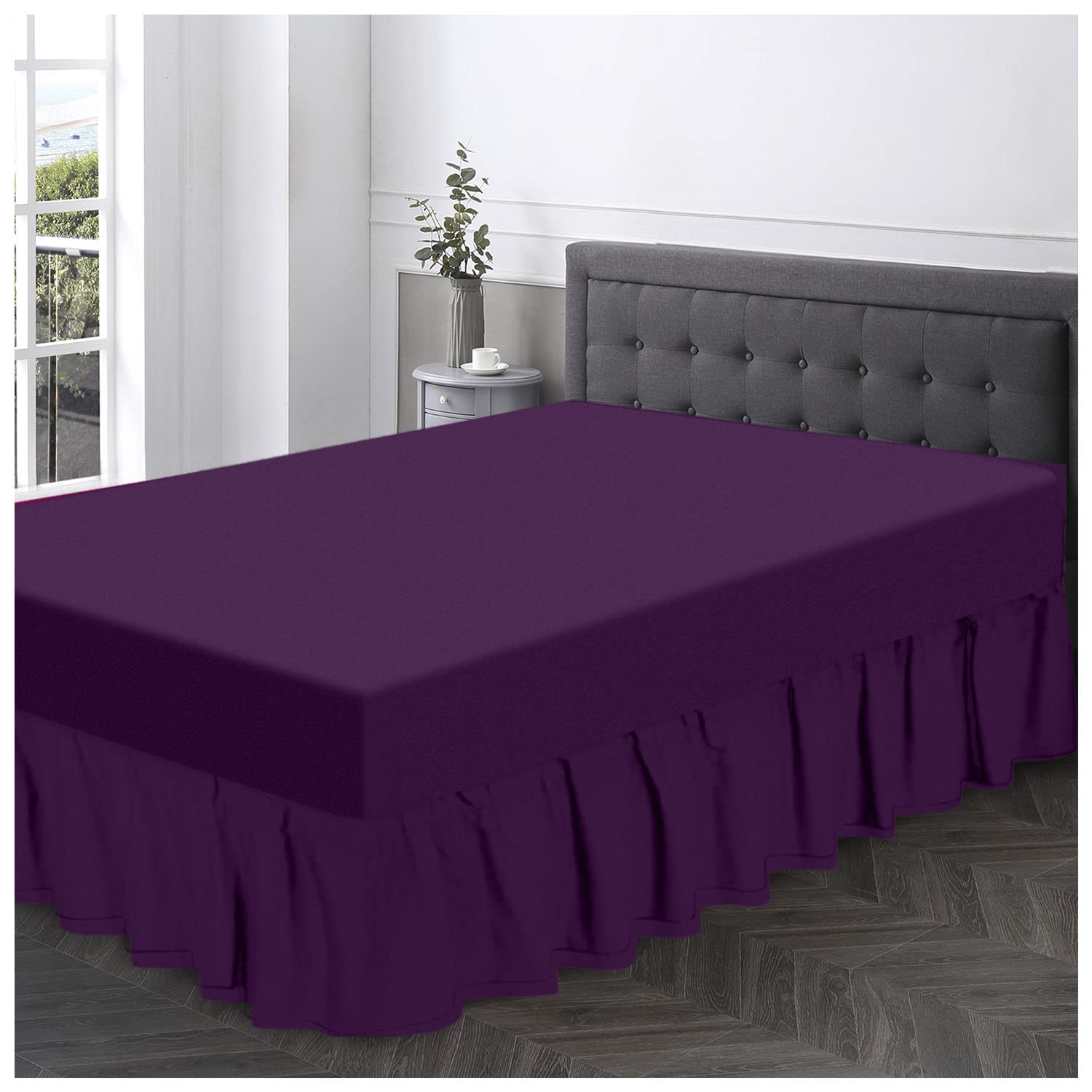 GC GAVENO CAVAILIA Luxurious Valance Sheets King Size, Soft & Comfy Non Iron Polycotton Plain Bedsheet, Percale Frill Bedding, Berry