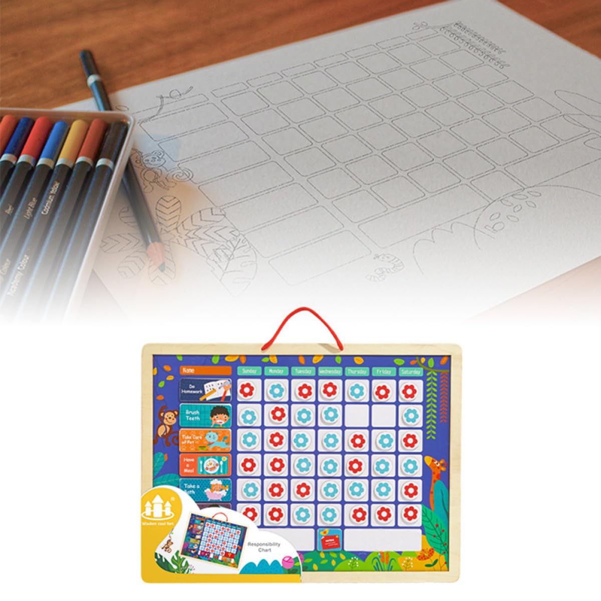 Operitacx Tabla de Recompensas Estándar para Niños de Buenos Hábitos | Tablero de Gráficos de Comportamiento, Registro de Crecimiento, Mesa Colgante de Madera