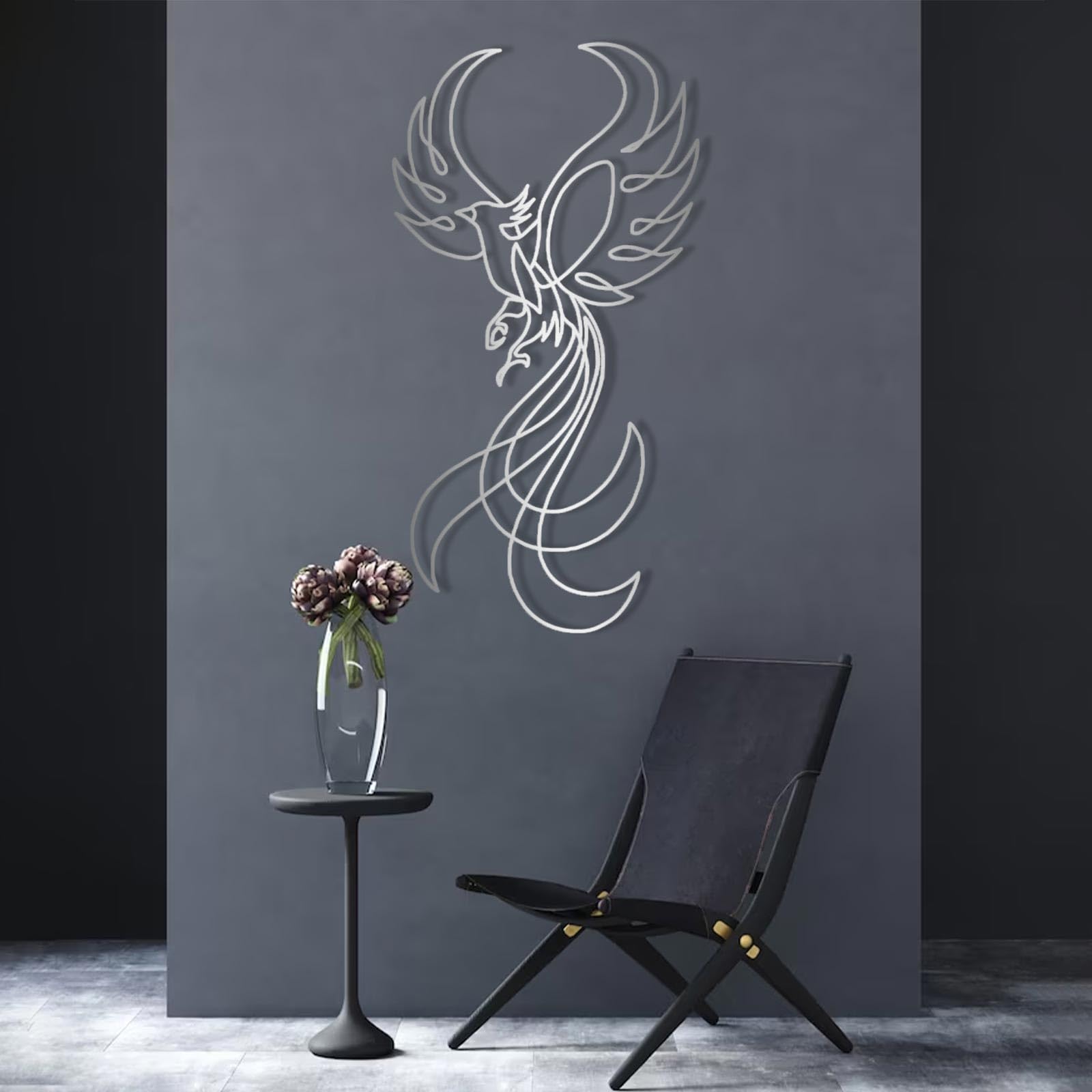 Nowoczesna minimalistyczna metalowa dekoracja ścienna z feniksem, mityczna wisząca do salonu, sypialni lub biura (czarna, 105 x 55 cm)