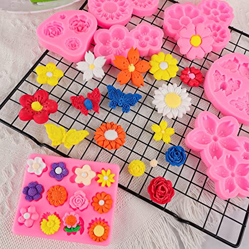 Flower Silicone Cake Molds,Butterfly Candy Molds Rose Mold Leaf Mold Silicone For Cake Decorating Cupcake Topper Cake Pops Candy Soap Making (8 Flower Mold) #TOP4
