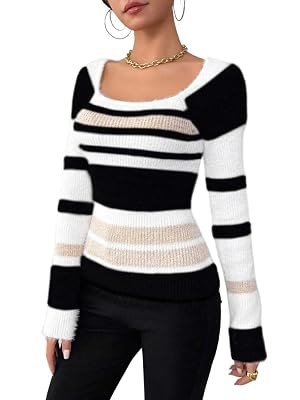 Striped Square Neck Long Sleeve Casual Sweater Fashion Outfits for Women