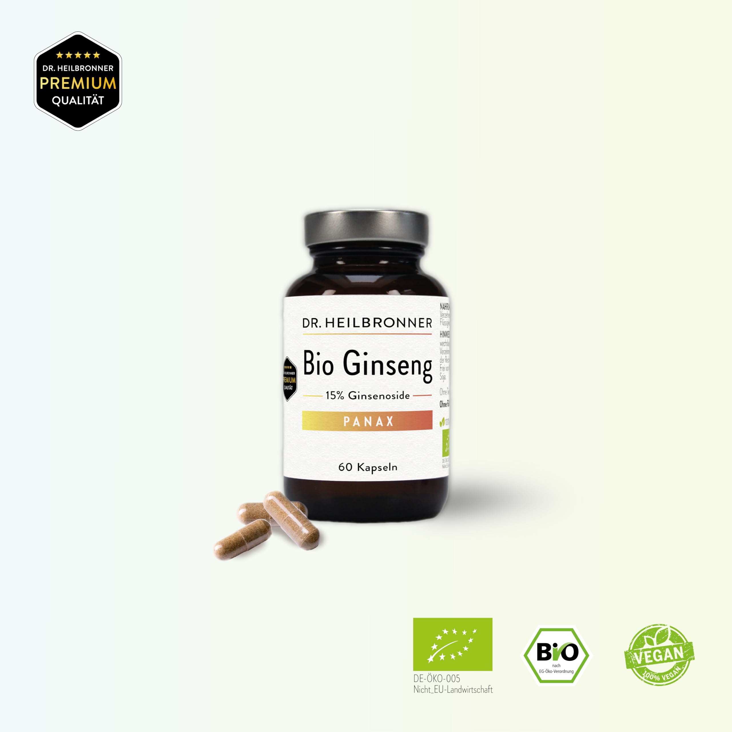 Dr. Heilbronner Bio Panax Ginseng - hochdosierter Wurzelextrakt - 60 Kapseln in der Glasflasche - Vegan