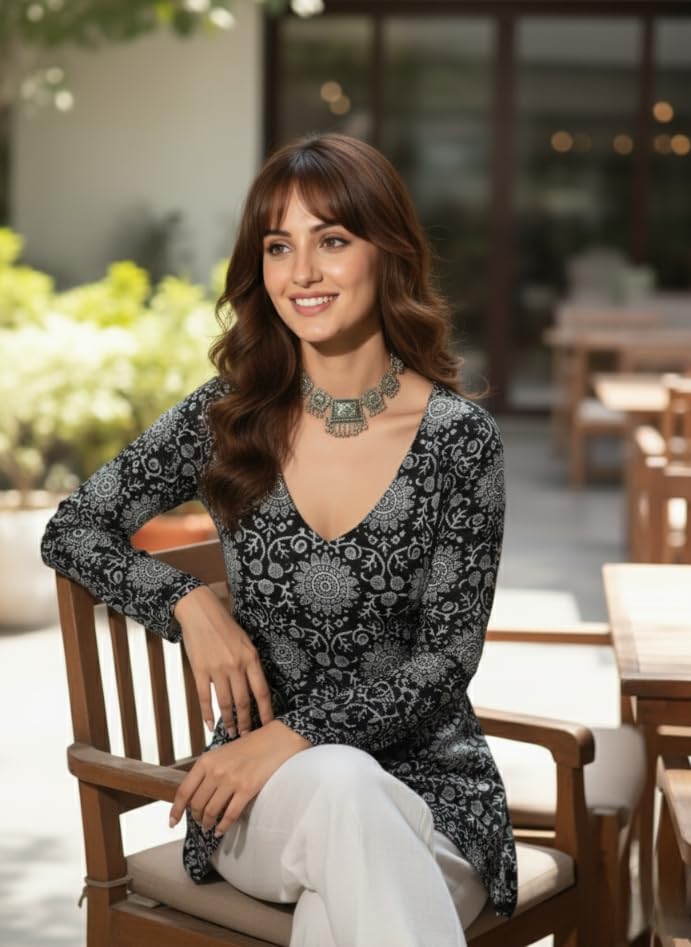 Image of GRECIILOOKS Short Kurti for Women | Floral Printed Short Kurta for Women | Comfortable Rich Office & Casual Kurti`s for Jenas, Leggings & Trousers