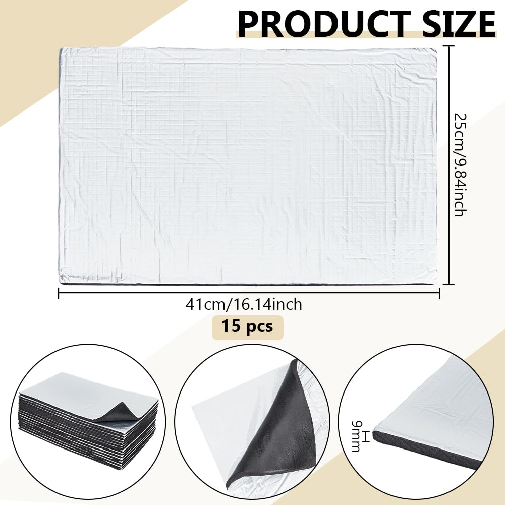 BENECREAT 15 Packung 410x250mm Automobil Schalldämmmatte, Synthetischer Gummi Auto Dämmmaterial, 9mm Dicke Silber Selbstklebende Vibrationsdämpfer für Motorraum Fahrgastzelle