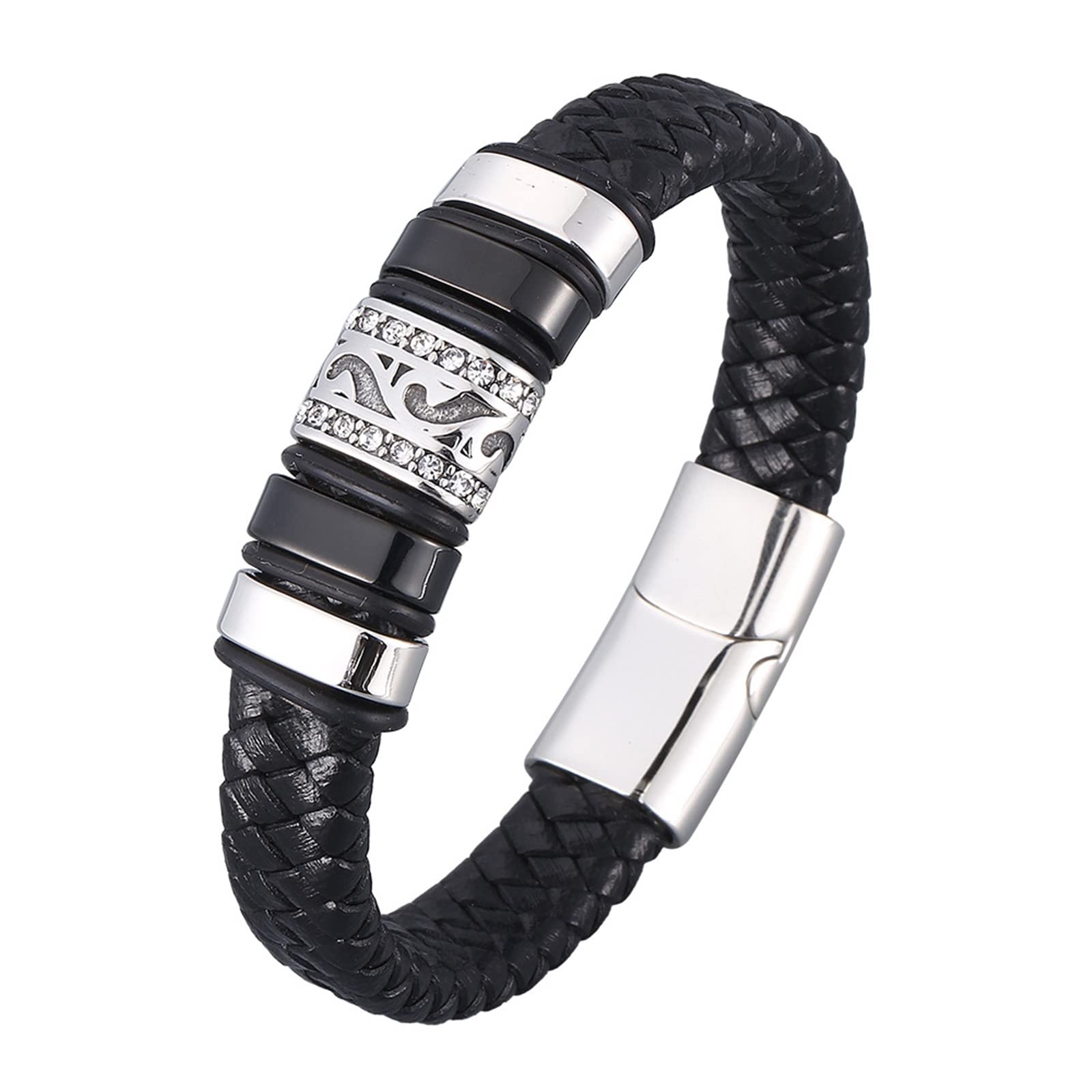 Armband für Herren aus Edelstahl, Herrenarmband, schwarzes geflochtenes Lederarmband mit silberner Schnalle, 16,5 cm Länge, Hip-Hop-Schmuck, Herrenarmband