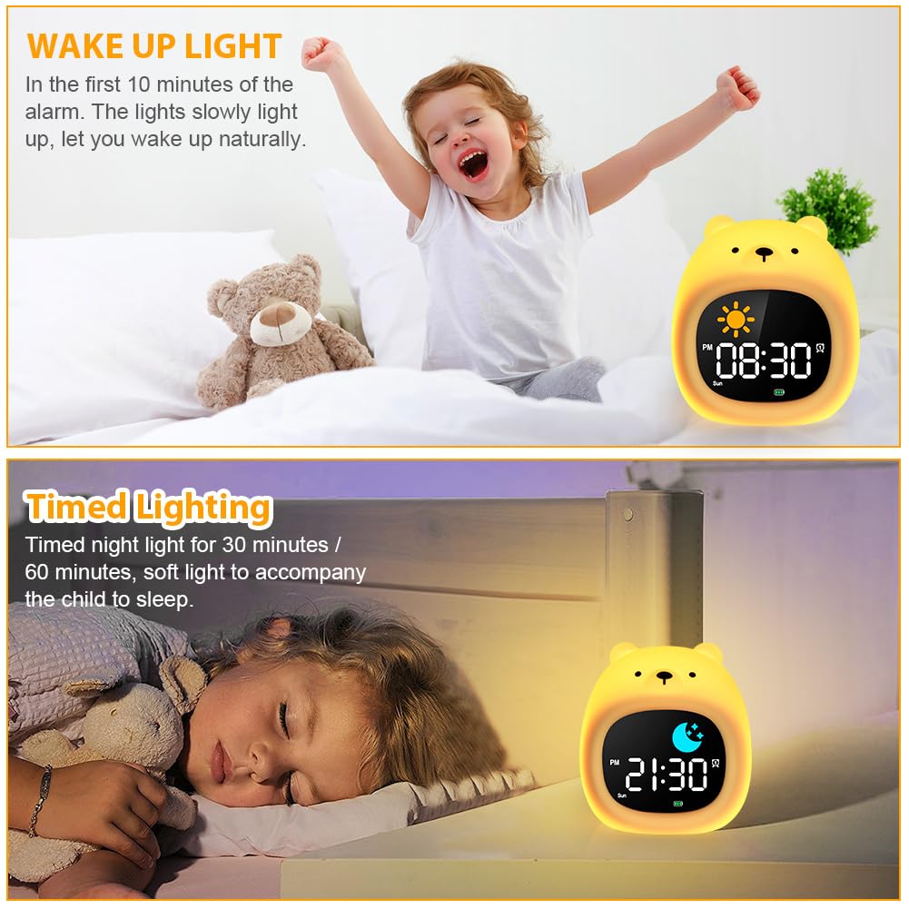 HOTUT Sveglia Bambini, Sveglia Digitale per Bambini, Sveglie da comodino con Luce Notturna Funzione Snooze Timer, 8 Colori Dimmerabile Lampada Notturna Ricaricabile, 6 Suonerie&Colori 8 Musica, Orso