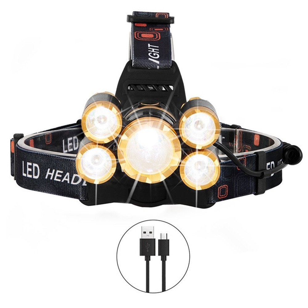 Lampe Frontale LED 8000 Lumens - 5 LEDs Réglables - Étanche IPX5 - 4 Modes - Pour Outdoor Et Chantier