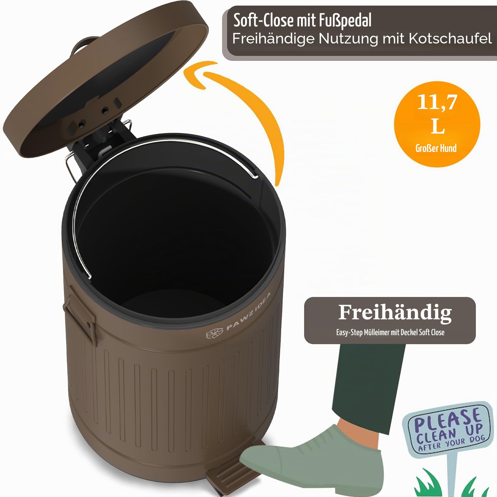 PAWZIDEA Hundekot Eimer Geruchsdicht für Draußen, 12 Liter Luftdichter Hundekot Mülleimer Garten, Treteimer Katzenstreu Entsorgungseimer, Windeleimer, Stahl, BPA-frei, 20cm Geruchsfilter im Deckel