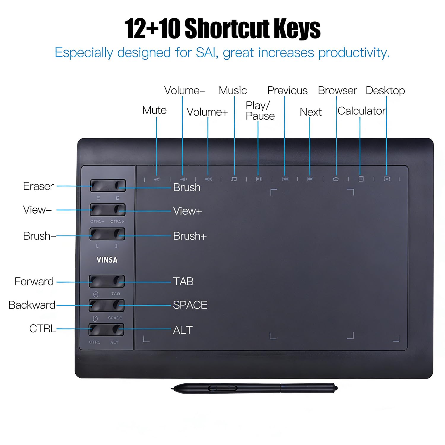 Tableta gráfica, tableta de dibujo, pantalla grande de 10 x 6 pulgadas, lápiz profesional sin sensibilidad a la presión de la batería, compatible con diferentes dispositivos, ideal para pintar, cursos