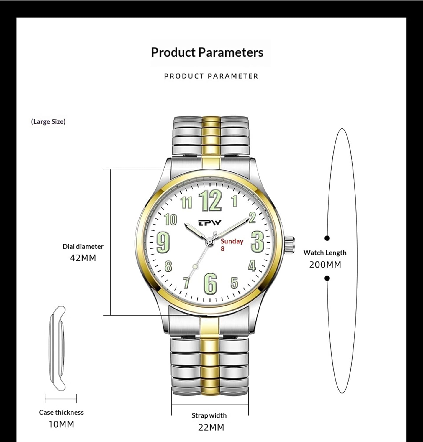 Gosasa Easy-to-Read Men’s Quartz Watch Large Numbers Luminous Elastic Strap Stainless Steel Stretch Band Waterproof Watches