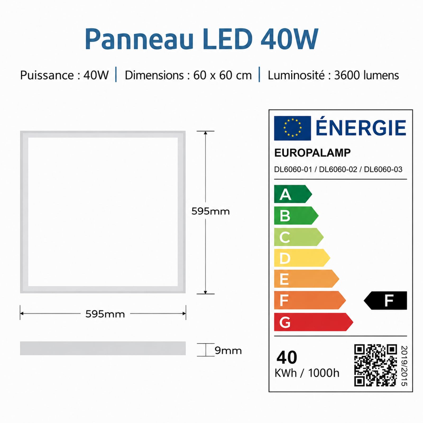 Europalamp - Paneles LED - 60 x 60 cm - 40 W - Pack de 4 unidades - color blanco neutro, 4000 K, alta luminosidad, varios modelos disponibles
