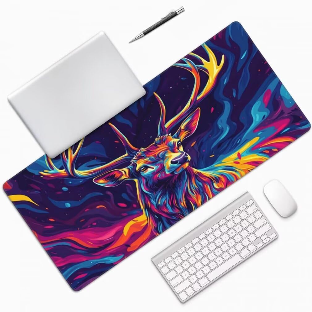 Tappetino Mouse XXL 1200x600mm Blu Grande Mouse Pad, Tappetino Scrivania Grande Mousepad Gaming con Bordi Cuciti, Tappeto Scrivania con Base Antiscivolo per Ufficio e Casa (Cervo Colorato) -MP1590