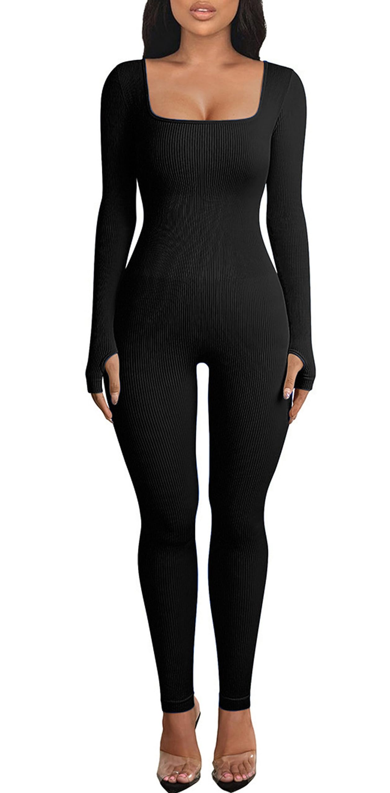 Adisputent Mono de Yoga para Mujer Sexy Manga Larga con Cuello Cuadrado Mameluco de una Pieza Control de Barriga Traje de Fotness Deportivo Entrenamiento para Mujer Chica